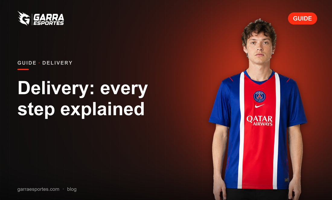 Garra Esportes delivery guide cover with a model wearing the Paris Saint-Germain 26/27 home shirt