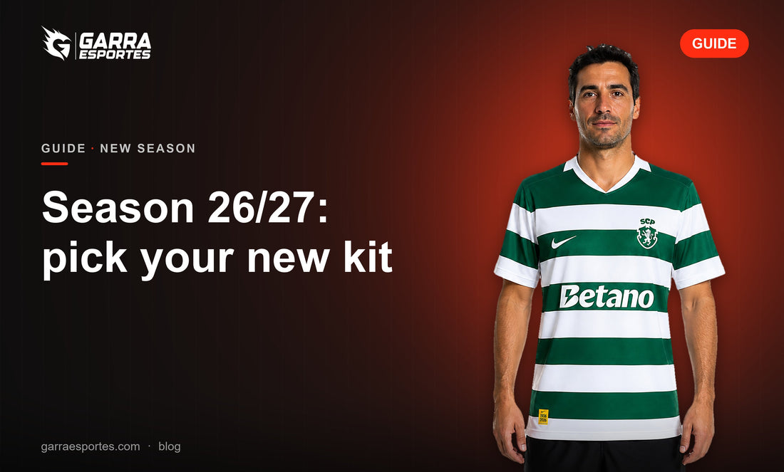 Garra Esportes 26/27 season guide cover with a model wearing the Sporting CP 26/27 home shirt