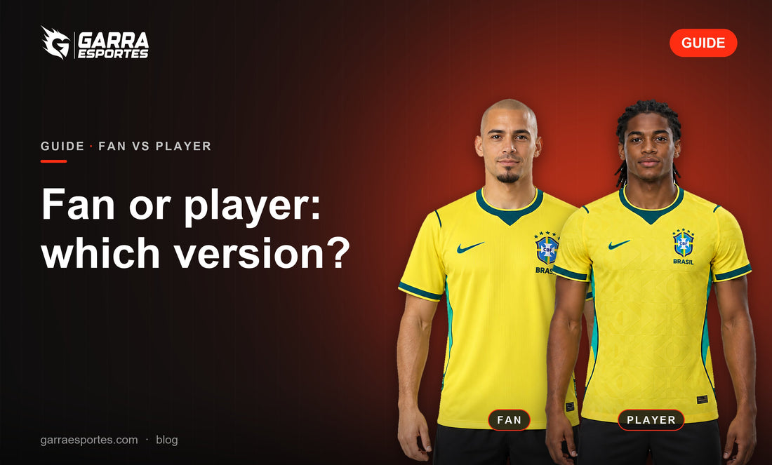 Garra Esportes cover comparing the Brazil 2026 home shirt in the fan and player versions