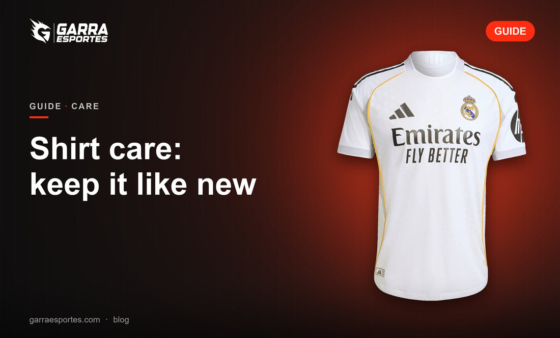 Garra Esportes washing guide cover with the white Real Madrid 25/26 home shirt