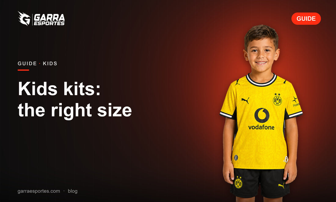 Garra Esportes kids guide cover with a boy wearing the Borussia Dortmund 26/27 home kids kit