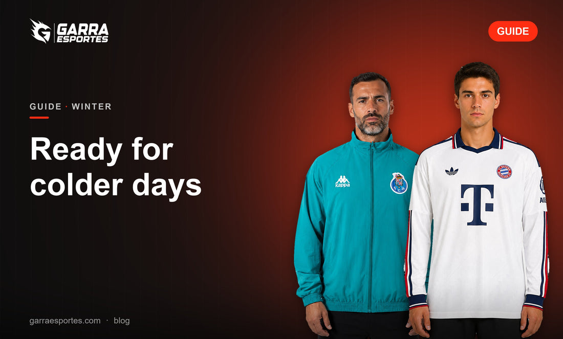 Garra Esportes winter guide cover with the FC Porto windbreaker and the Bayern München 26/27 away long sleeve shirt
