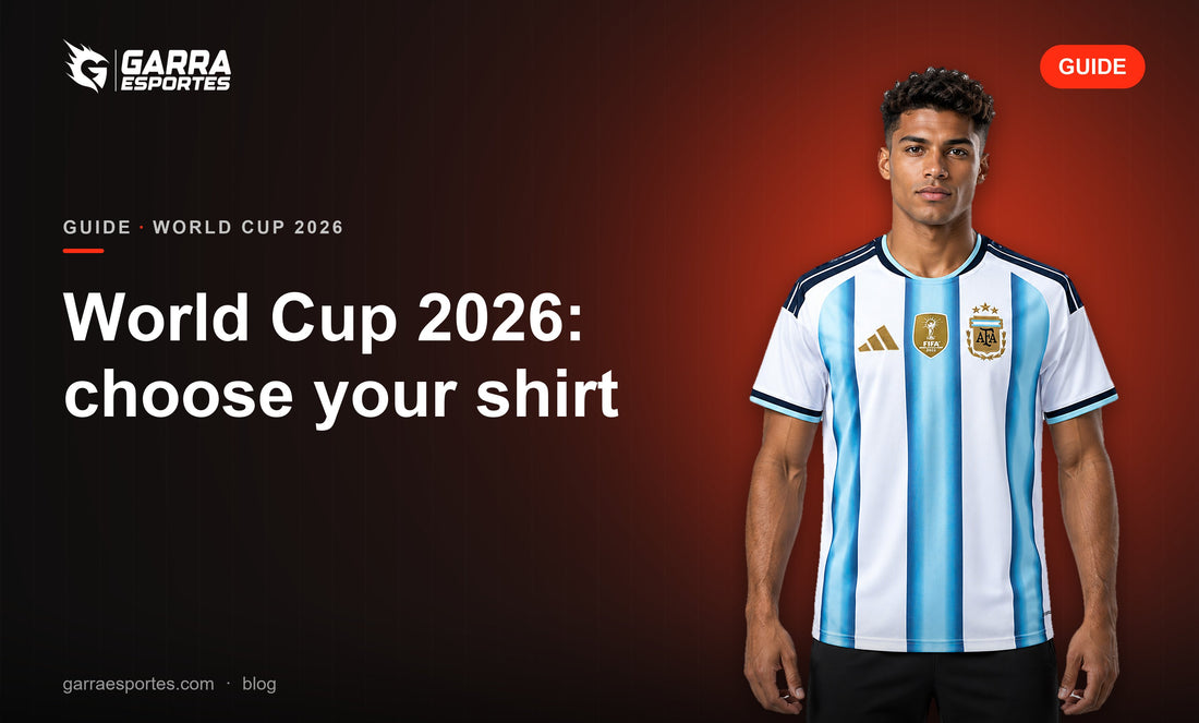 Garra Esportes World Cup 2026 guide cover with a model wearing the Argentina 2026 home shirt