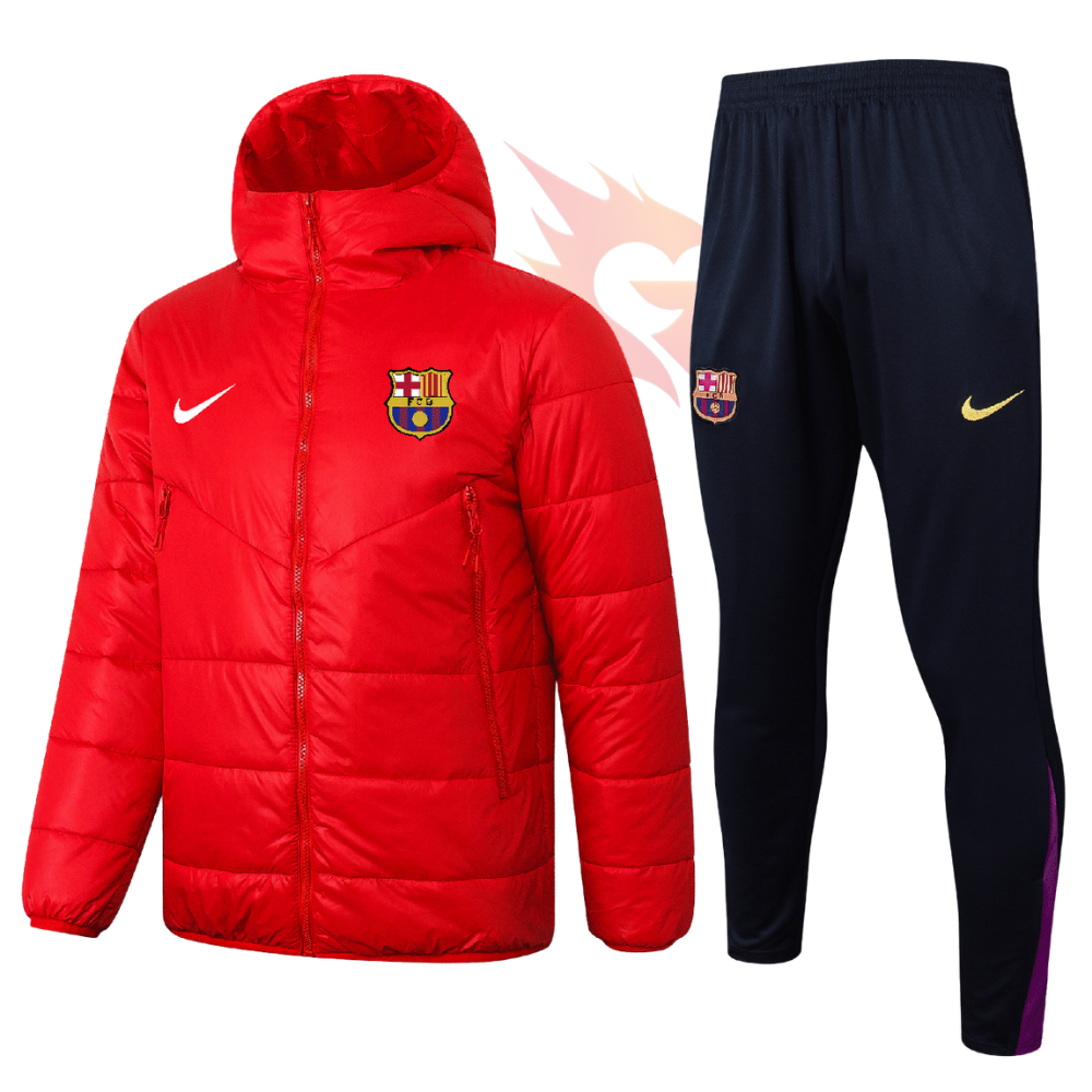 Conjunto Jaqueta Puffer e Calça de Treino Barcelona Vermelha de Algodão