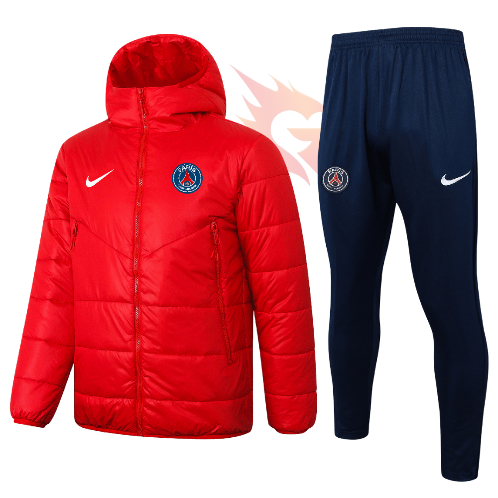 Conjunto Jaqueta Puffer e Calça de Treino Paris Saint Germain Vermelha de Algodão