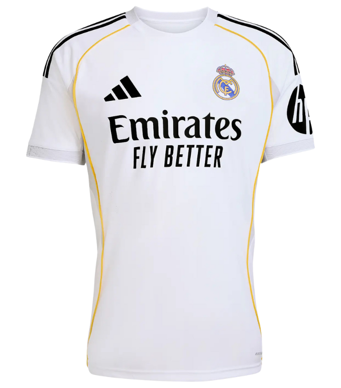 Camisa Real de Madrid I 25/26 - Torcedor Adidas Masculina - Branca com detalhes em cinza e amarelo