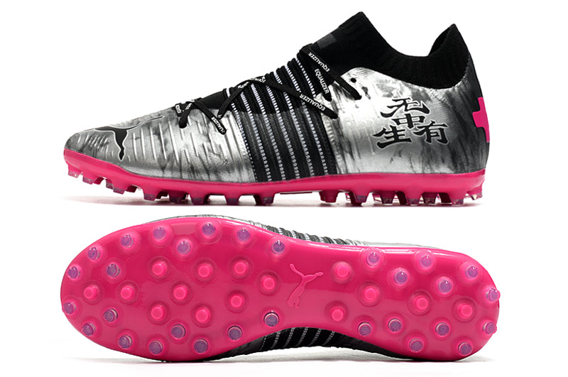 Chuteira Puma Future Z FG/AG - Cinza/rosa/amarelo